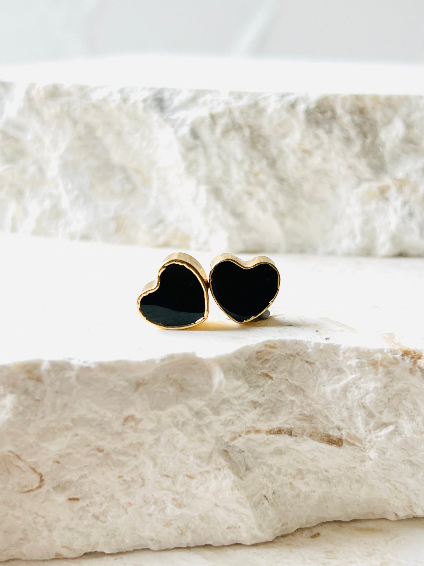 Black onyx heart shaped gold plated earrings
