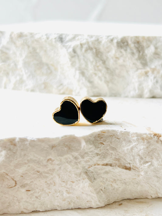 Black onyx heart shaped gold plated earrings